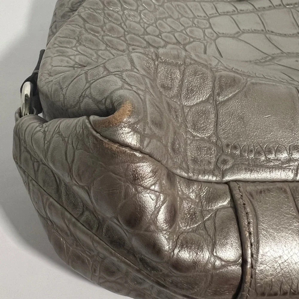 Coach Ashley Carryall Women Large Silver Metallic Croc Embossed Leather Tote Bag